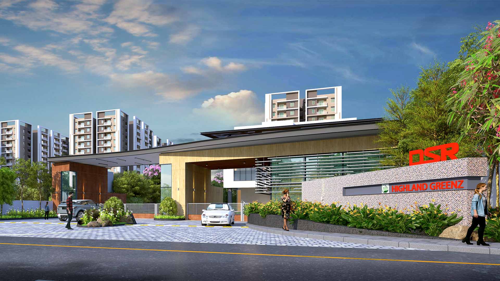 Entry and exit arch of DSR Highland Greenz luxury apartments on Chikkanayakana Halli Road, Doddakannelli, Bengaluru