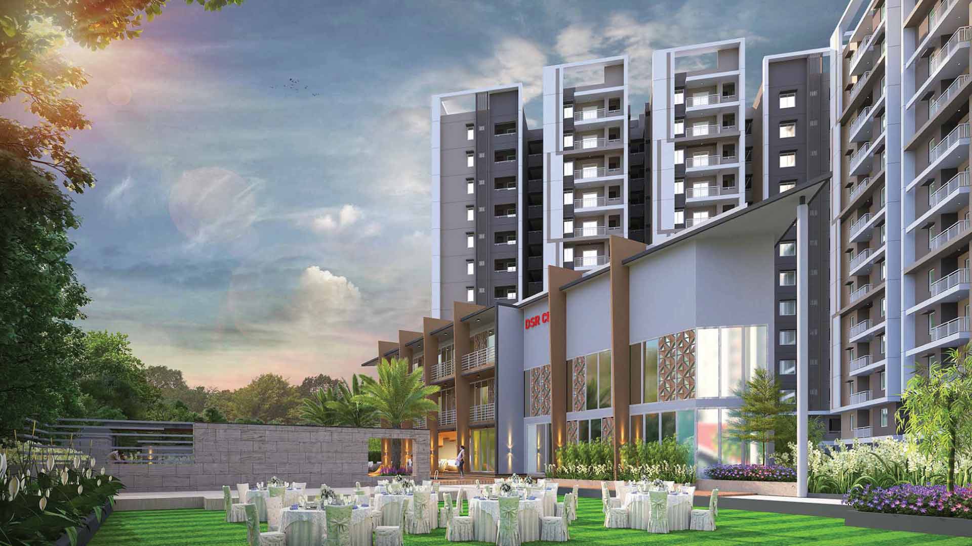 Party area amenities at dsr highland greenz in doddakannelli, bengaluru