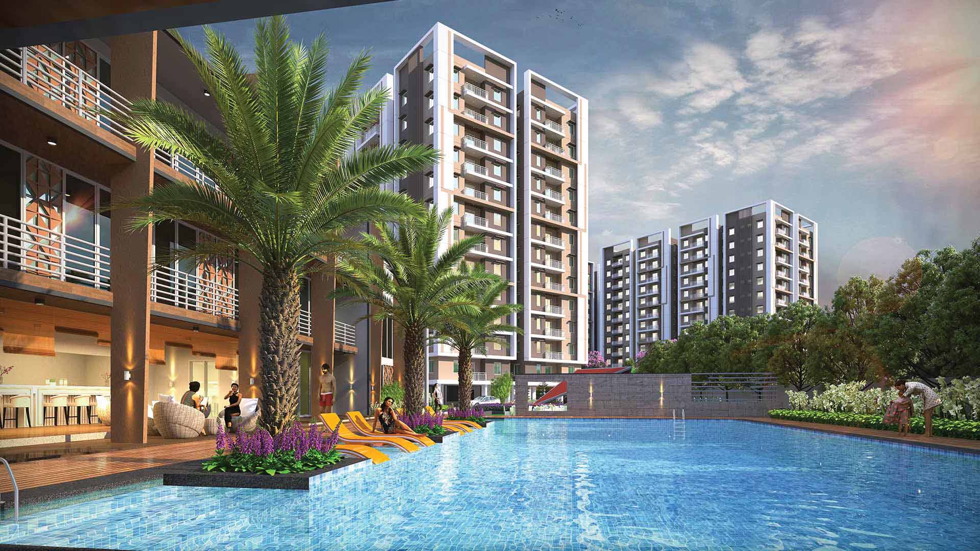Swimming pool with deck at dsr highland greenz in doddakannelli, bengaluru